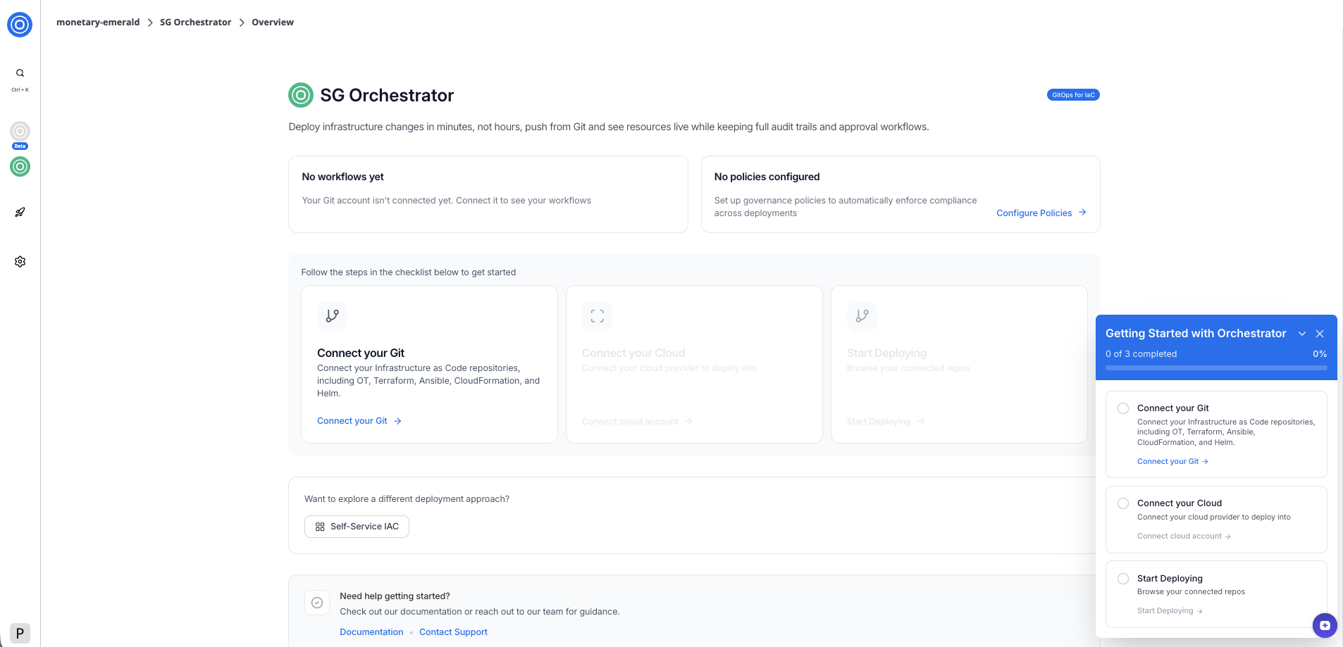 SGOrchestrator overview page showing the getting started checklist with Connect your Git as the active step