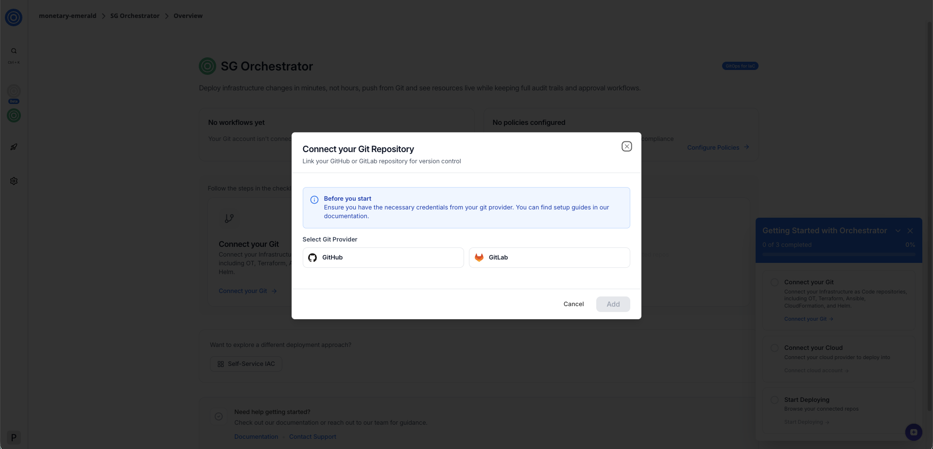 Connect your Git repository dialog with GitHub and GitLab provider options