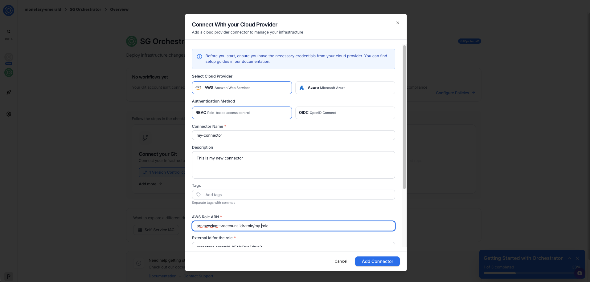 Connect with your cloud provider dialog showing AWS selected, RBAC authentication, and fields for connector name, description, tags, AWS Role ARN, and external ID