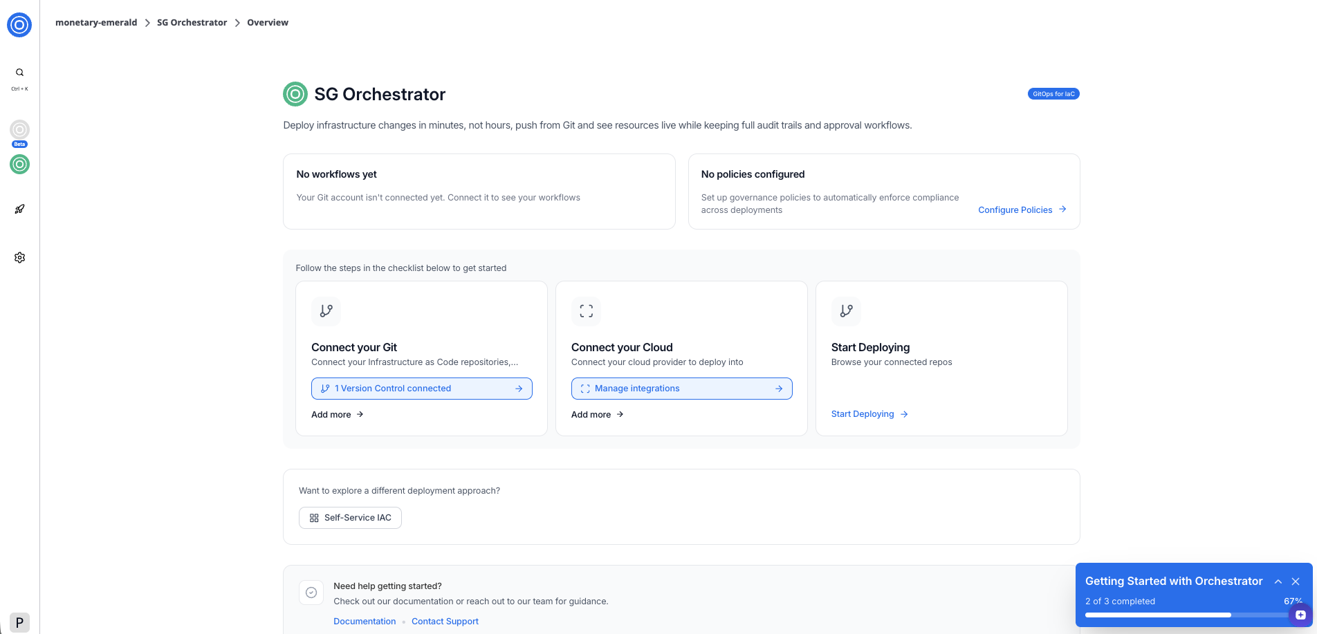 SGOrchestrator overview page showing both Git and Cloud connected, with Start Deploying as the next step