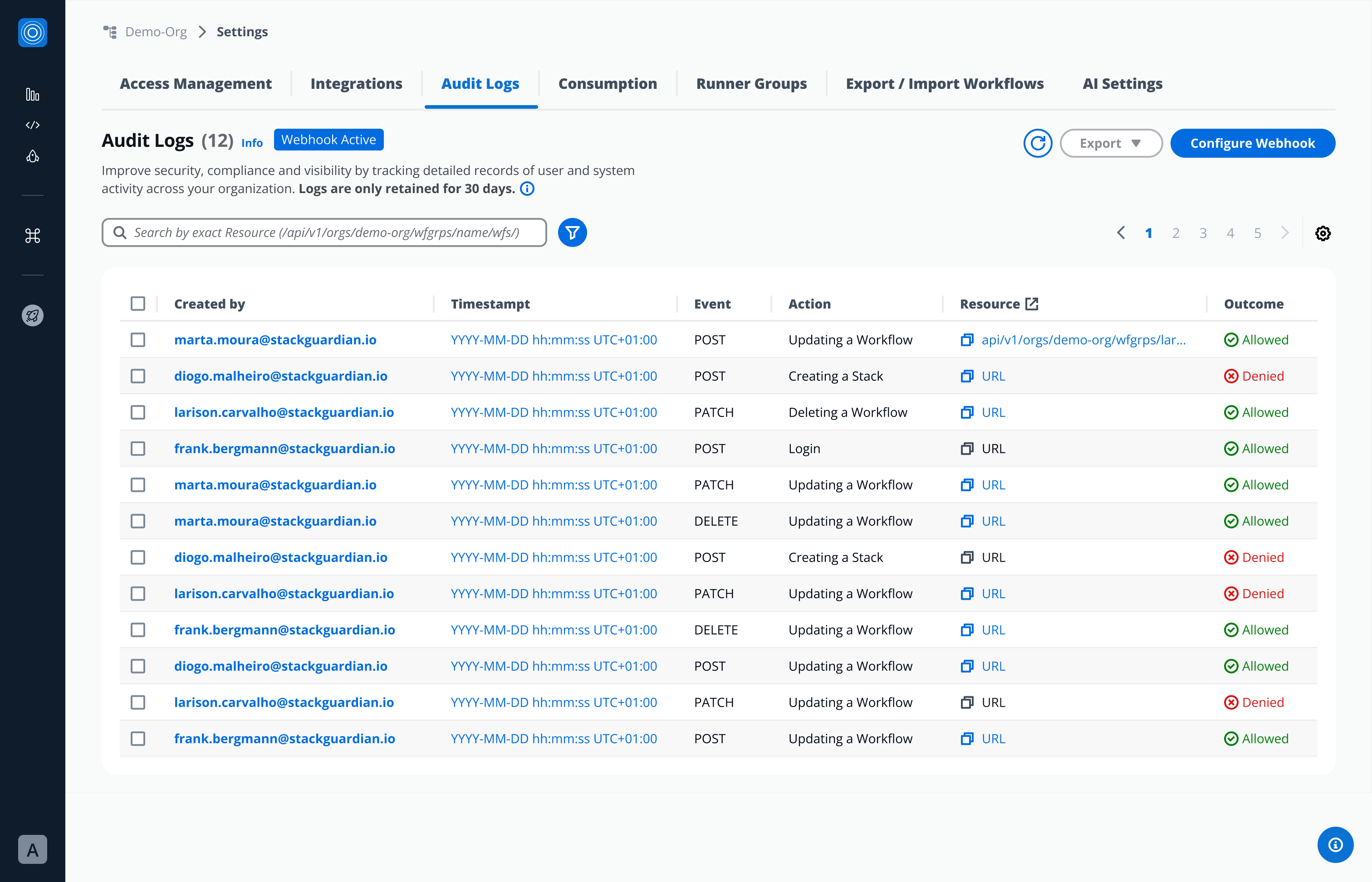 Admin view of audit log interface