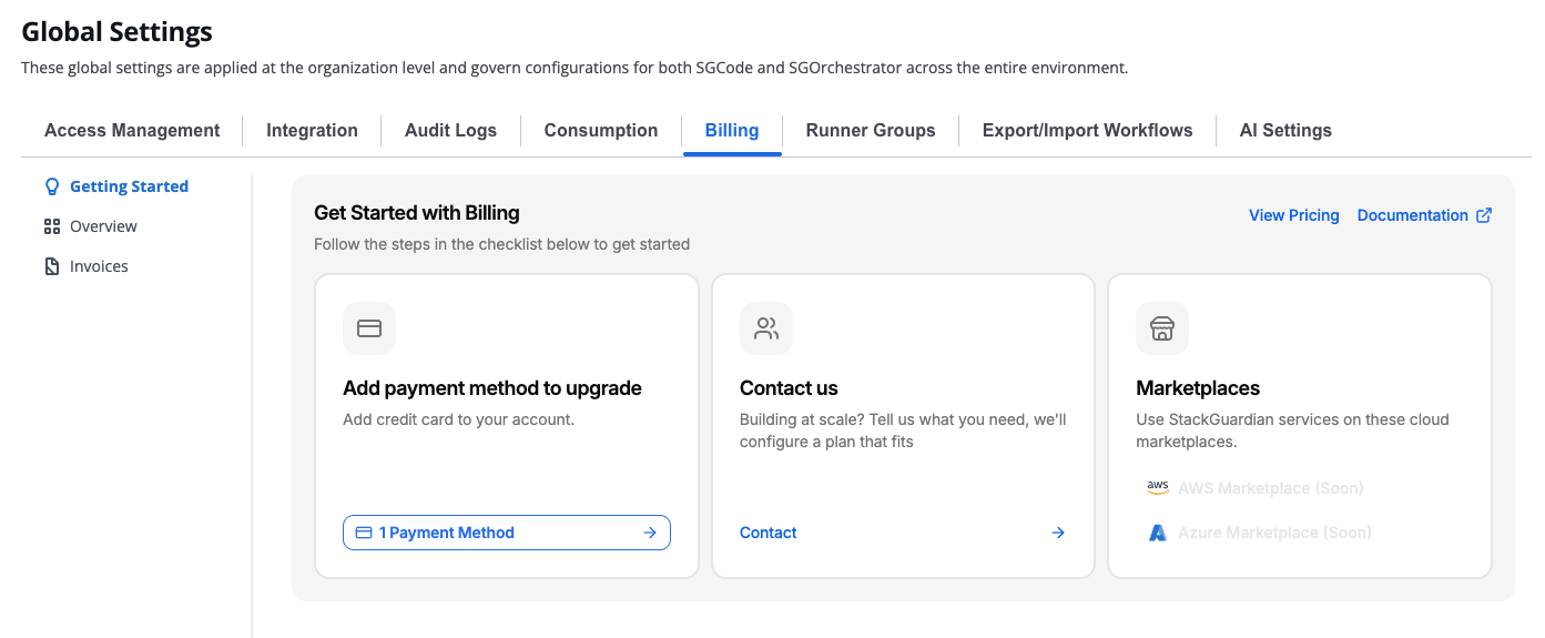Getting Started tab showing the billing setup checklist with three cards