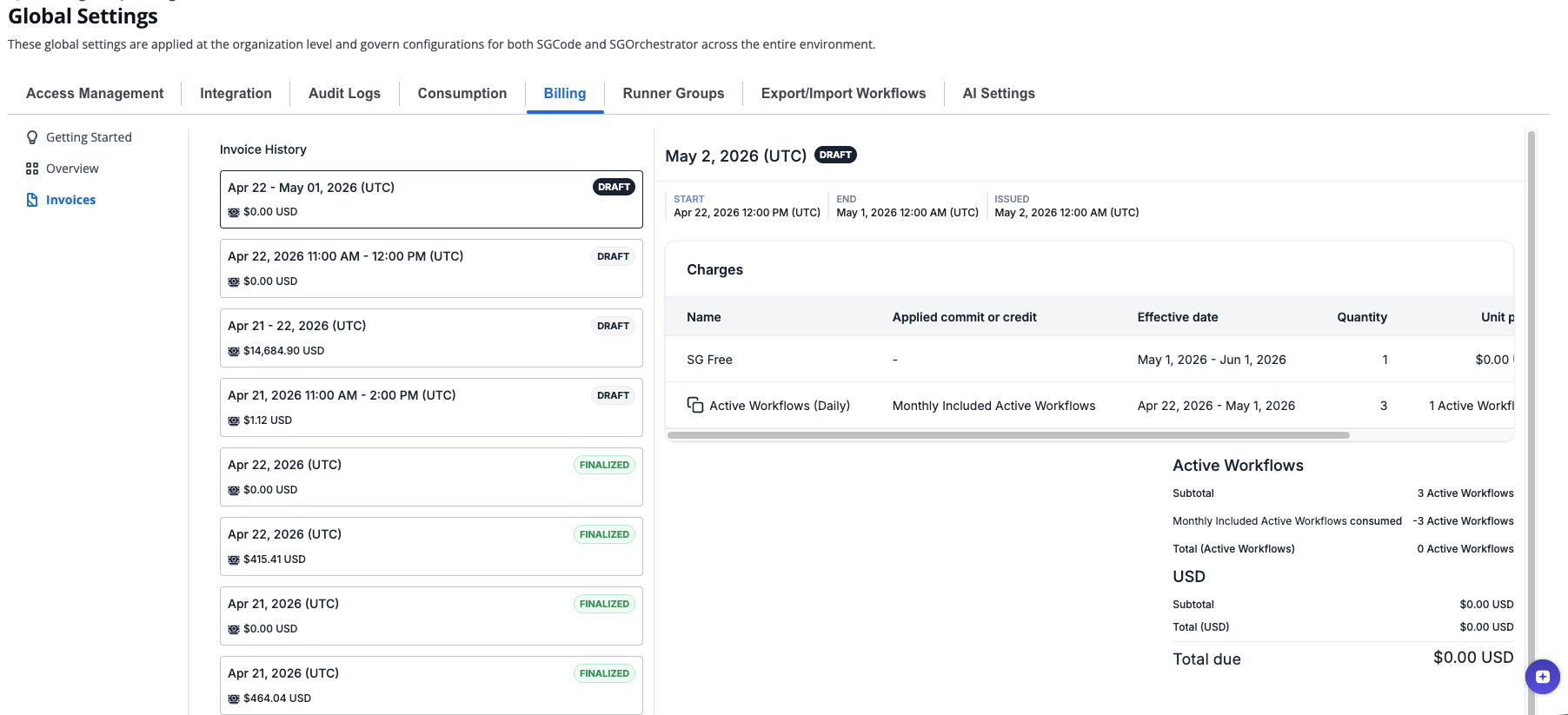 Invoices tab showing Invoice History on the left and invoice detail on the right with charge breakdown