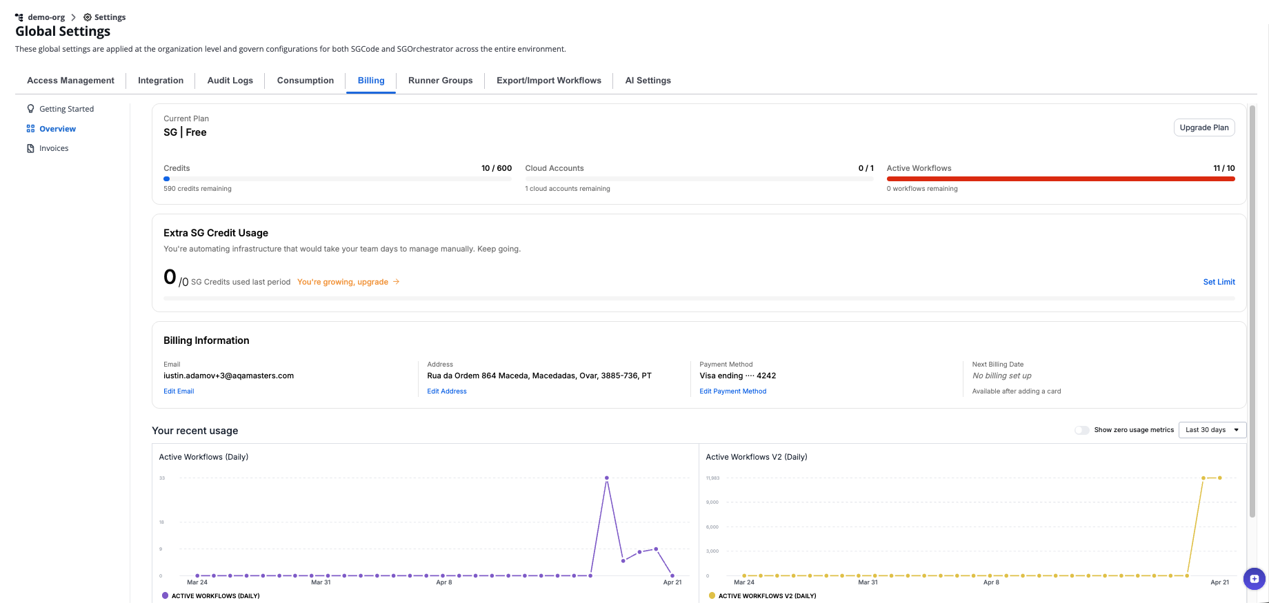 Overview tab showing the current plan, credit usage, billing information, and recent usage chart