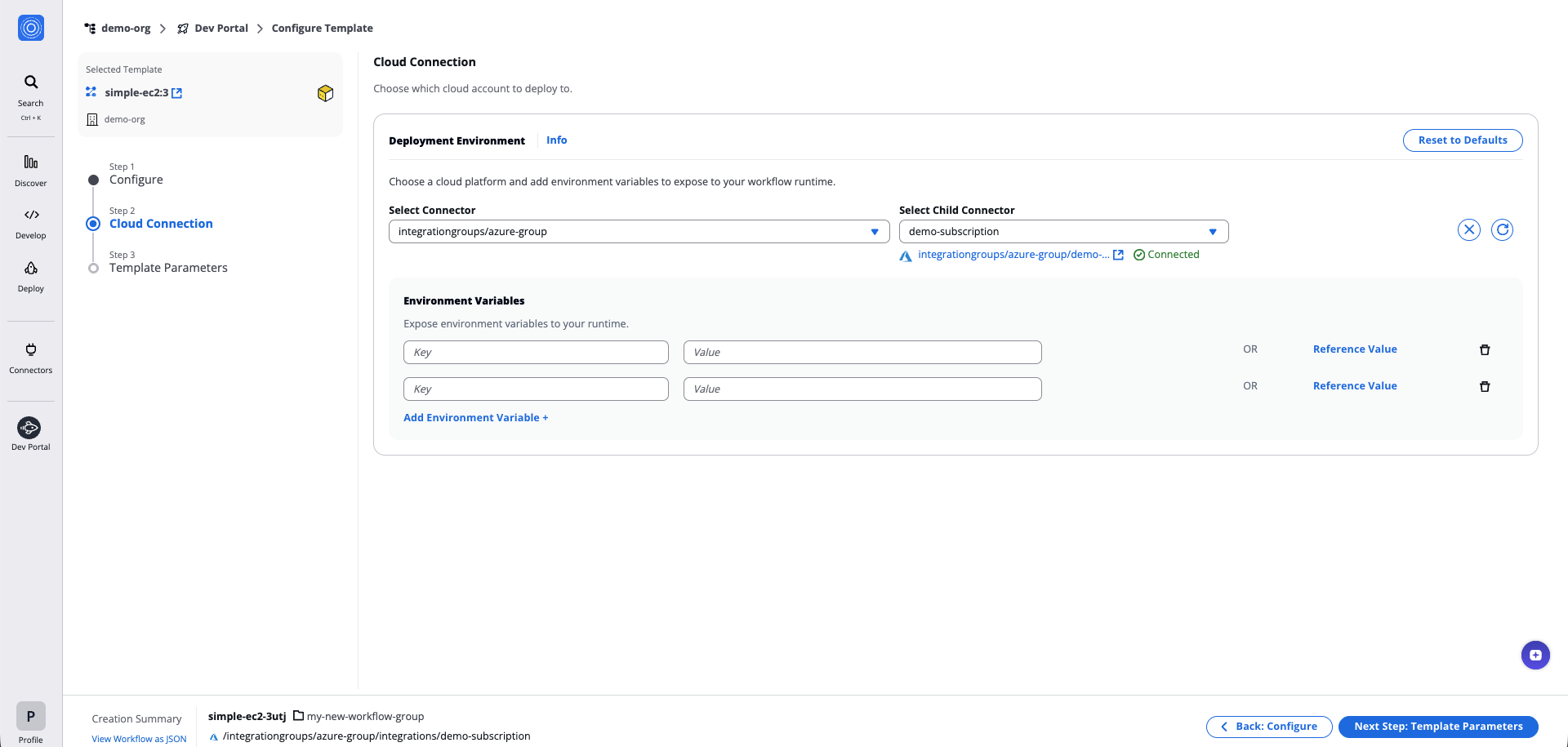 Dev Portal interface with fields for selecting a Connector, Child Connector, and environment variables, with the Next Step: Template Parameters button at the bottom