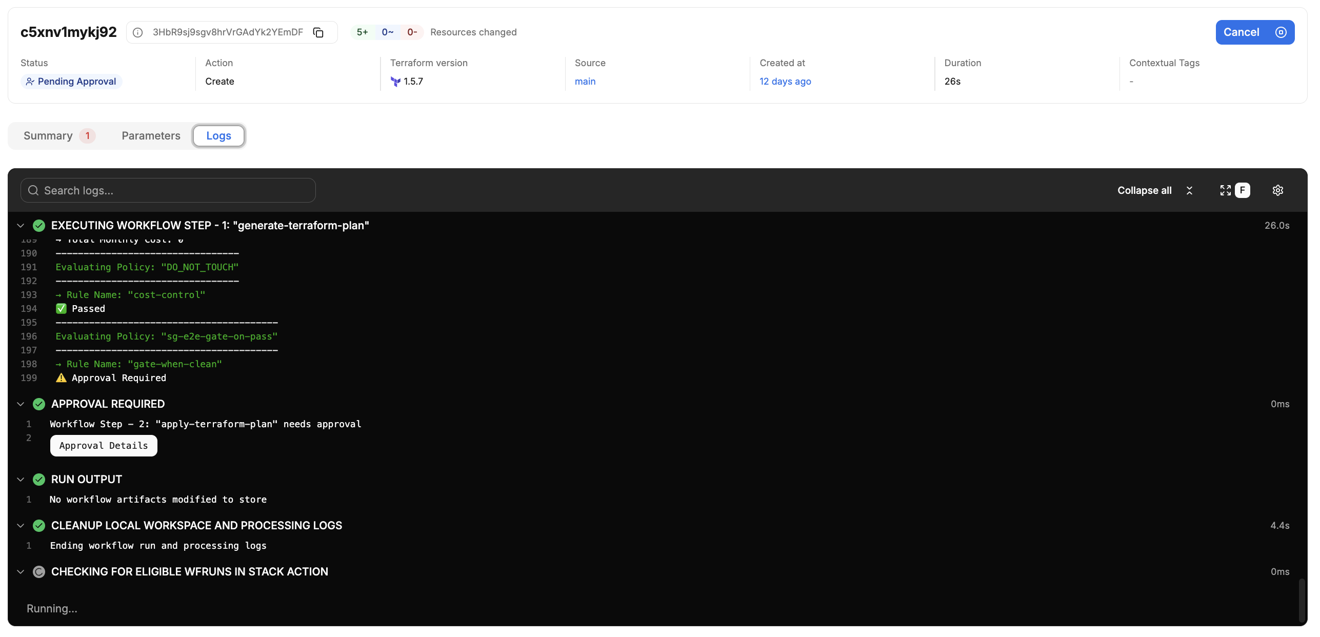 Logs tab showing accordion-grouped log output with the search field, Collapse all button, and settings menu open