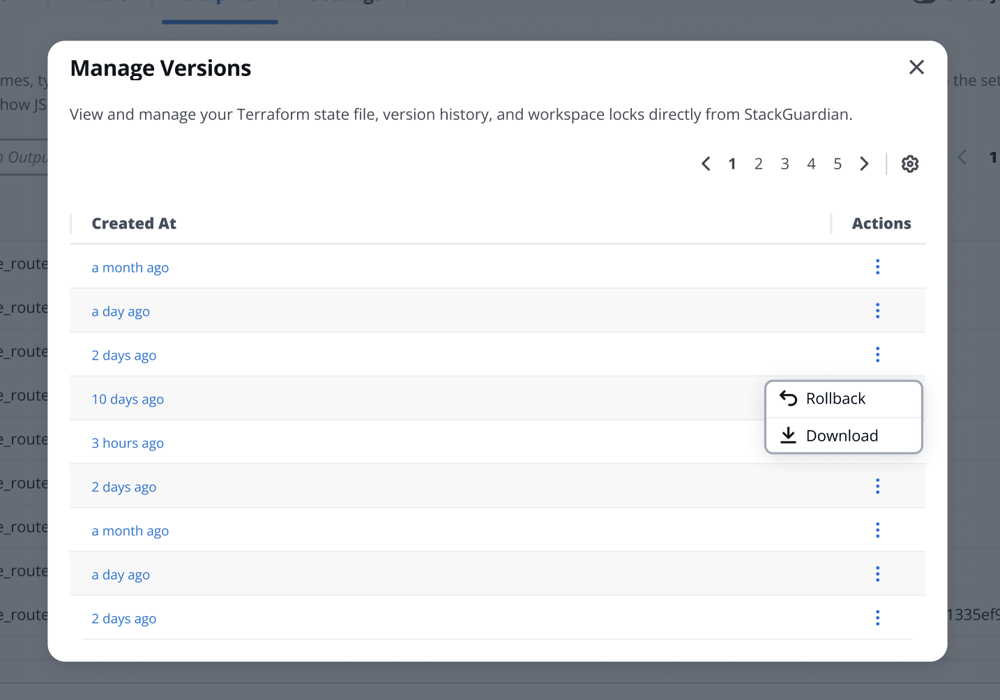 Manage versions modal
