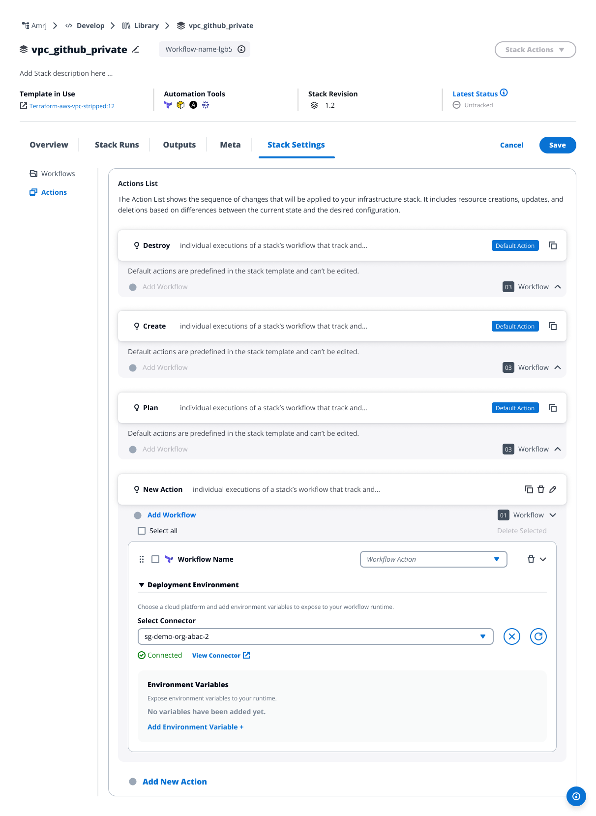 New Stack Action with workflow