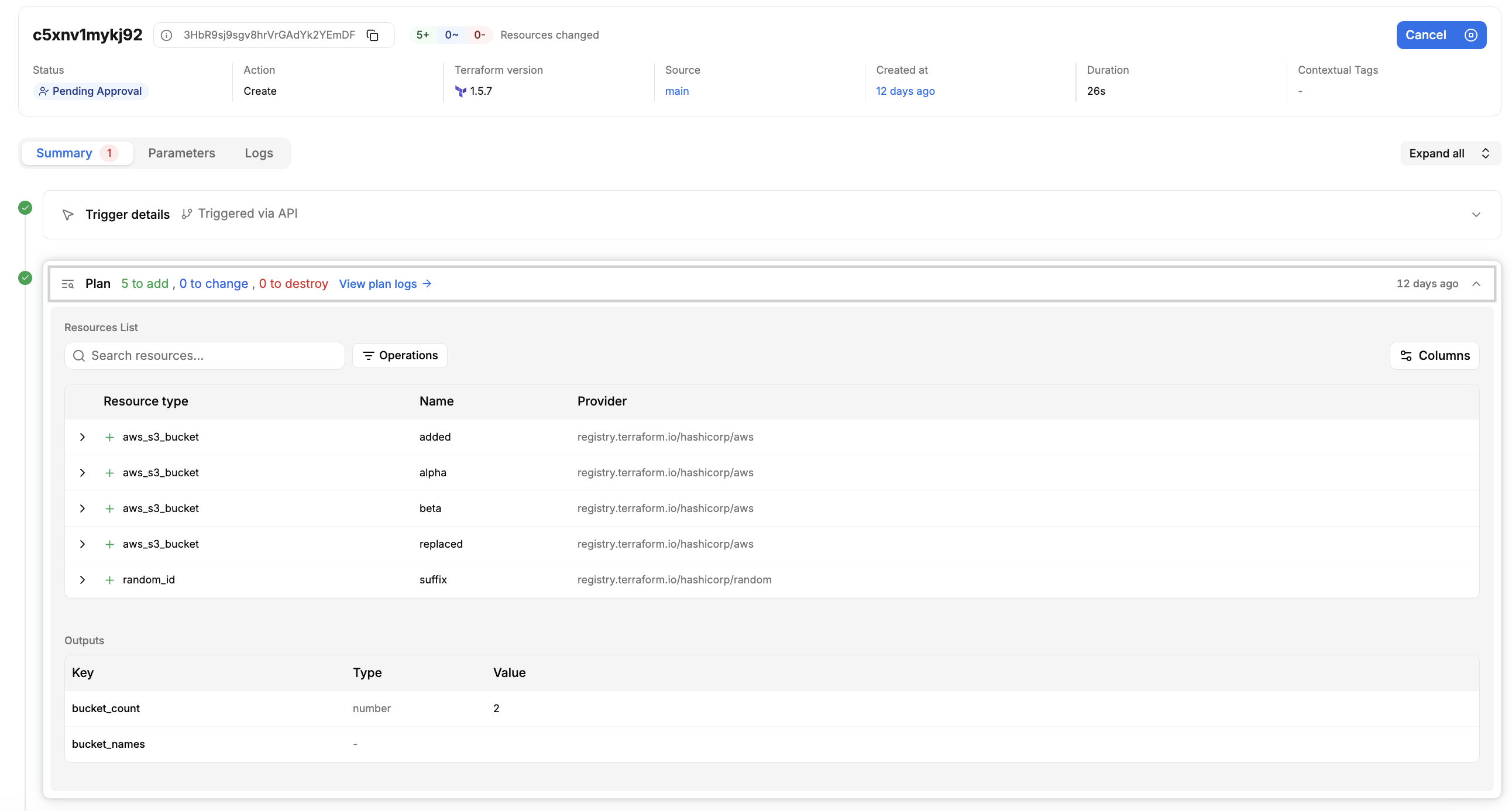 Plan section expanded showing the Resources list with resource type, name, and provider columns, and the Outputs table below it 