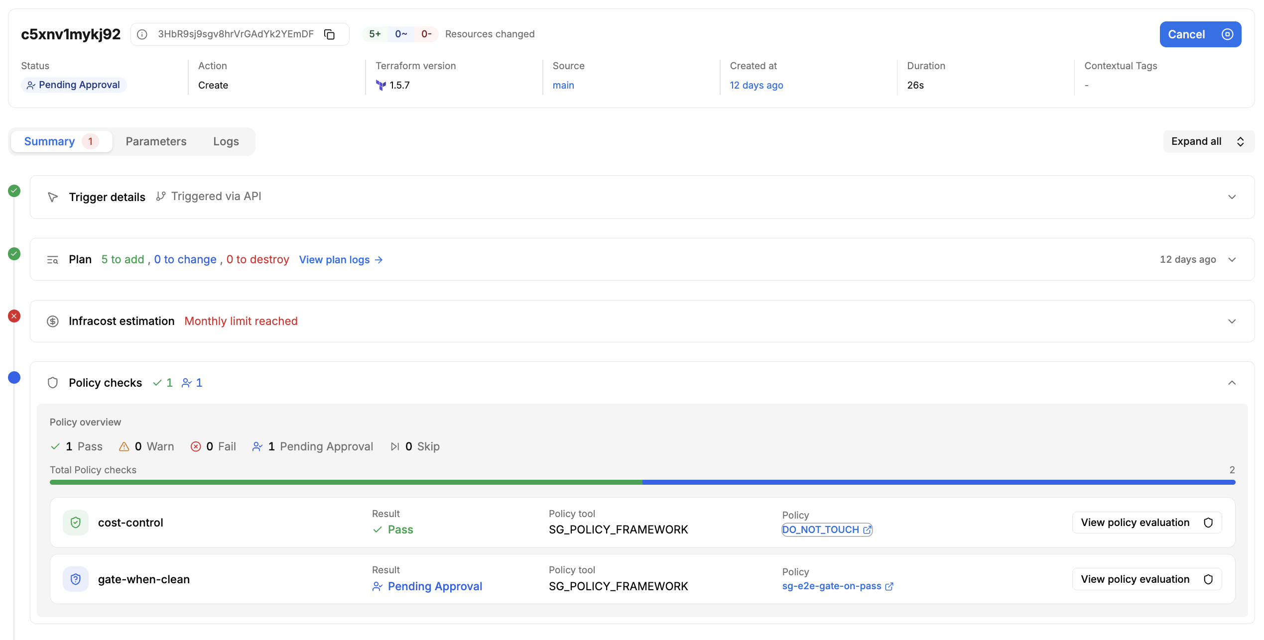 Summary tab with all five accordions collapsed, showing Trigger details, Plan, Infracost estimation, Policy checks, Approval required, and Apply