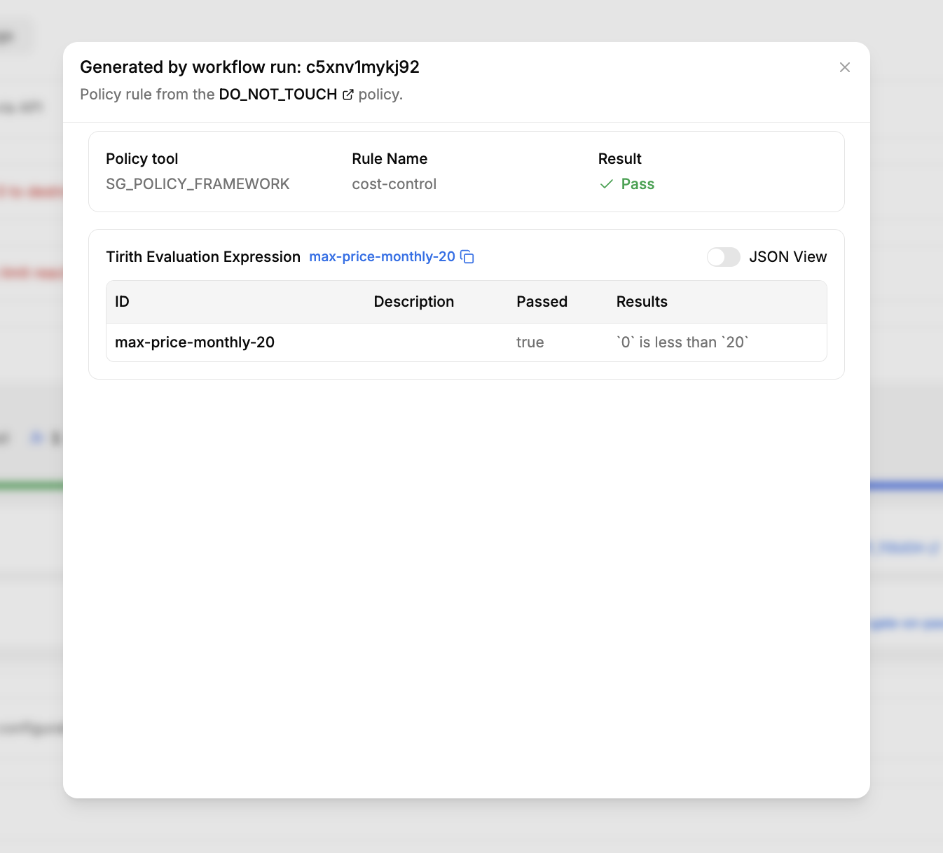 View policy evaluation modal showing policy tool, rule name, result, Tirith Evaluation Expression table with ID, Description, Passed, and Results columns