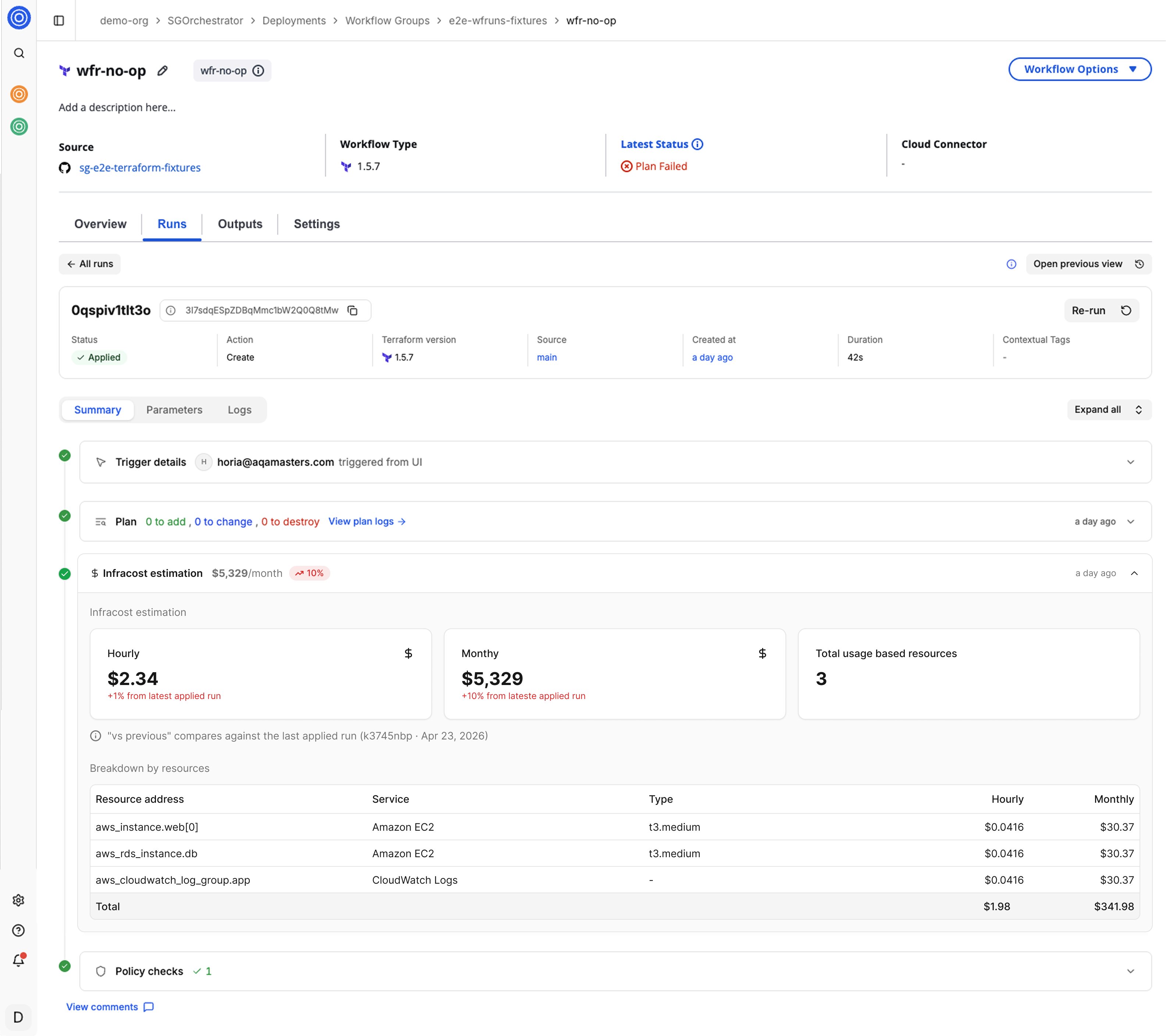 Infracost estimation section expanded showing hourly and monthly cost cards with percentage change from the last applied run, and a breakdown by resource table