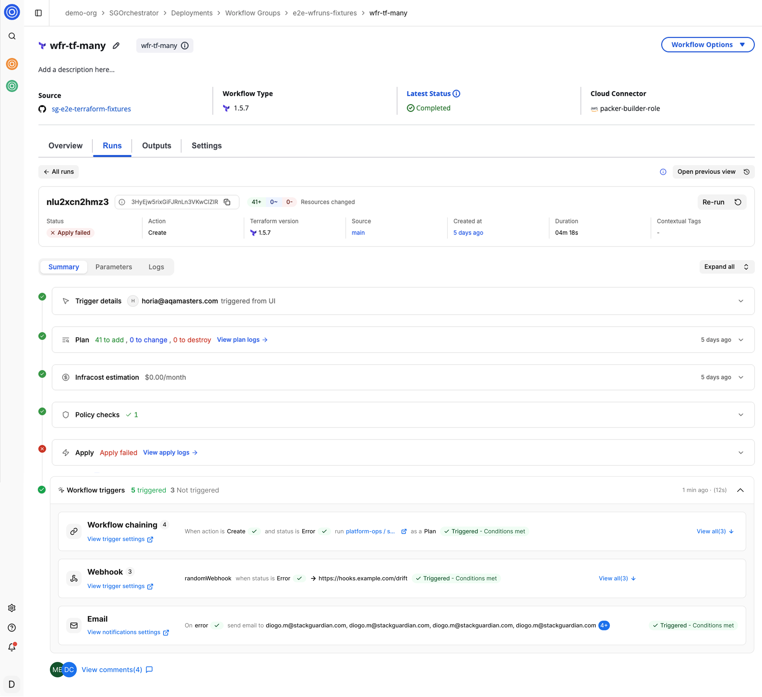 Workflow triggers section expanded showing Workflow chaining, Webhook, and Email trigger types with their conditions and triggered status