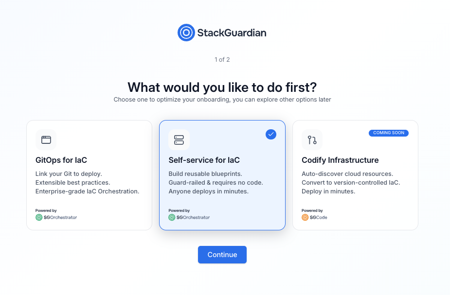 Onboarding path selection screen showing three options: GitOps for IaC, Self-service for IaC (selected), and Codify infrastructure