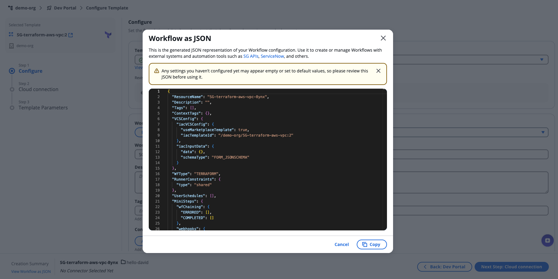 Dev Portal interface with the Workflow Run details